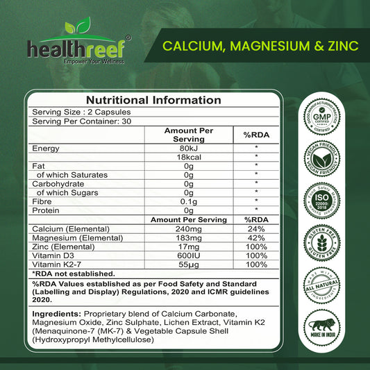 Healthreef Plant-Based Calcium, Magnesium, Zinc with Vitamin D3 & K2 Supplement Bone Strength, Joint Flexibility & Enhanced Calcium Absorption - 60 Vegetarian Capsules