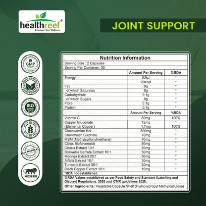 Healthreef Plant-Based Joint Support with Glucosamine, Chondroitin & Boswellia for Flexibility & Cartilage Health – 60 Vegetarian Capsules