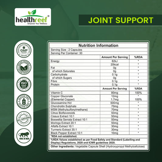 Healthreef Plant-Based Joint Support with Glucosamine, Chondroitin & Boswellia for Flexibility & Cartilage Health – 60 Vegetarian Capsules