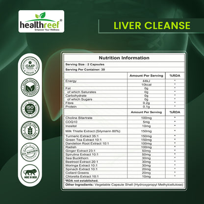 Healthreef Advanced Liver Cleanse & Detox Supplement – Milk Thistle, Choline, Inositol, Dandelion, Turmeric & Green Tea Extracts – Potent Herbal Support for Liver Health, Detoxification, and Fat Metabolism – 60 Vegetarian Capsules
