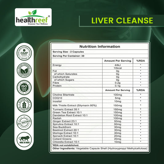 Healthreef Advanced Liver Cleanse & Detox Supplement – Milk Thistle, Choline, Inositol, Dandelion, Turmeric & Green Tea Extracts – Potent Herbal Support for Liver Health, Detoxification, and Fat Metabolism – 60 Vegetarian Capsules