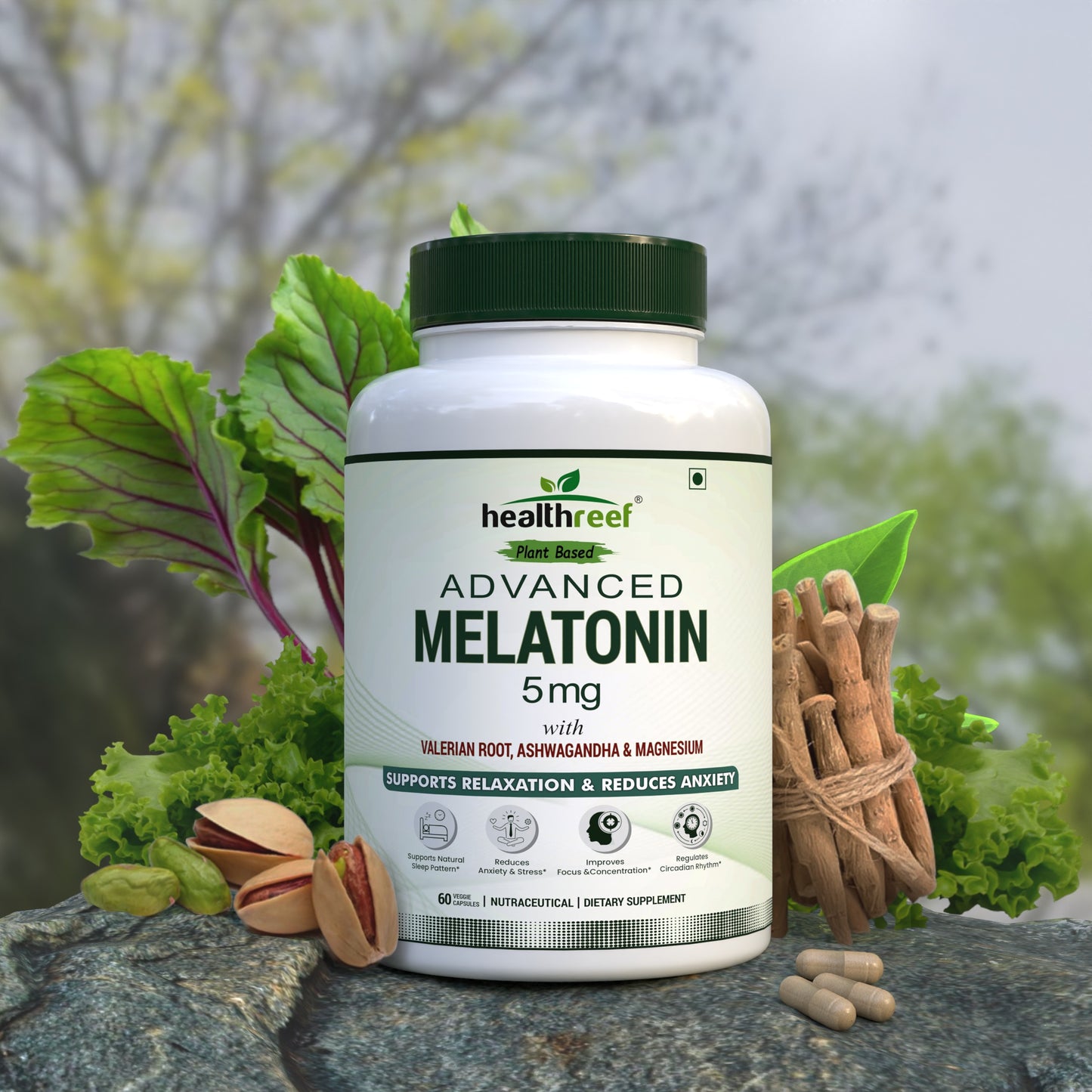 Healthreef Plant-Based Melatonin 5mg with Valerian Root, Ashwagandha, Magnesium & B6 for Restful Sleep, Relaxation & Stress Relief – 60 Veg Capsules - Healthreef