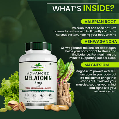Healthreef Premium Plant-Based Melatonin 5mg Sleep Supplement – Enhanced with Valerian Root, Ashwagandha, Magnesium & Vitamin B6 for Relaxation, Restful Sleep, and Stress Reduction – Non-Habit Forming - 60 Vegetarian Capsules