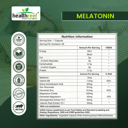 Healthreef Premium Plant-Based Melatonin 5mg Sleep Supplement – Enhanced with Valerian Root, Ashwagandha, Magnesium & Vitamin B6 for Relaxation, Restful Sleep, and Stress Reduction – Non-Habit Forming - 60 Vegetarian Capsules