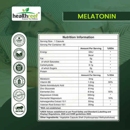Healthreef Premium Plant-Based Melatonin 5mg Sleep Supplement – Enhanced with Valerian Root, Ashwagandha, Magnesium & Vitamin B6 for Relaxation, Restful Sleep, and Stress Reduction – Non-Habit Forming - 60 Vegetarian Capsules