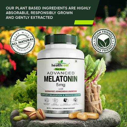 Healthreef Premium Plant-Based Melatonin 5mg Sleep Supplement – Enhanced with Valerian Root, Ashwagandha, Magnesium & Vitamin B6 for Relaxation, Restful Sleep, and Stress Reduction – Non-Habit Forming - 60 Vegetarian Capsules
