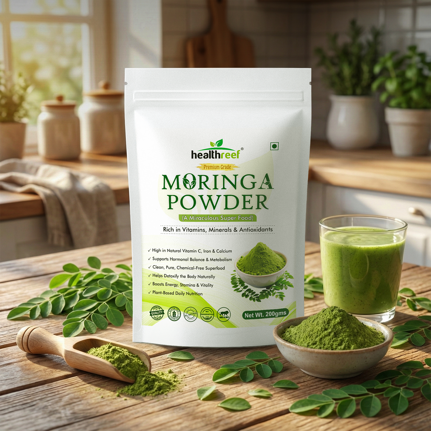 Healthreef Pure Moringa Leaf Powder, Natural Superfood for Daily Health & Wellness - 200g