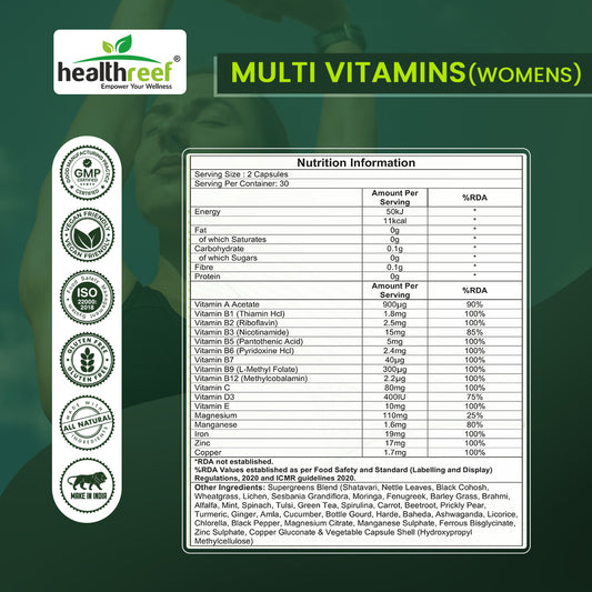 Healthreef Plant-Based Multivitamin for Women Complete Vitamins, Minerals & Antioxidants for Energy, Hormonal Balance, Skin & Hair Health - 60 Vegetarian Capsules