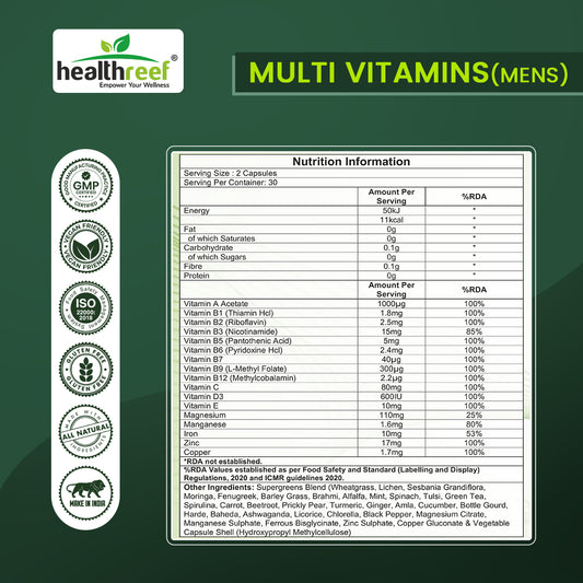 Healthreef Plant-Based Multi-Vitamin for Men – Complete Daily Vitamins, Minerals, and Antioxidants for Energy, Immune Support, and Vitality – 60 Vegetarian Capsules