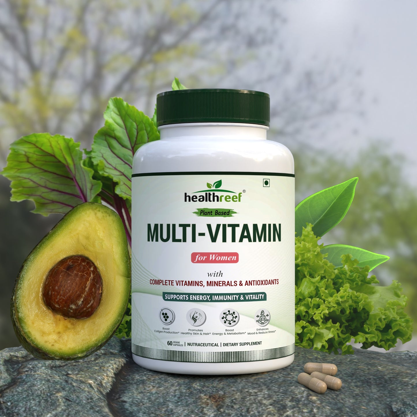 Healthreef Plant-Based Multivitamin for Women – Daily Vitamins, Minerals & Antioxidants for Energy, Skin & Hair Health - 60 Veg Capsules - Healthreef