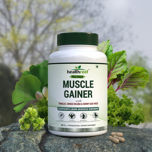 Healthreef Plant-Based Muscle Gainer Capsules with Tribulus & Horny Goat Weed – Boosts Strength, Stamina & Workout Performance - 60 Veg Capsules - Healthreef