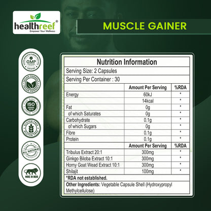 Healthreef Plant-Based Muscle Gainer Supplement Tribulus, Ginkgo Biloba & Horny Goat Weed for Strength, Stamina, Testosterone Boost & Workout Performance 60 Vegetarian Capsules