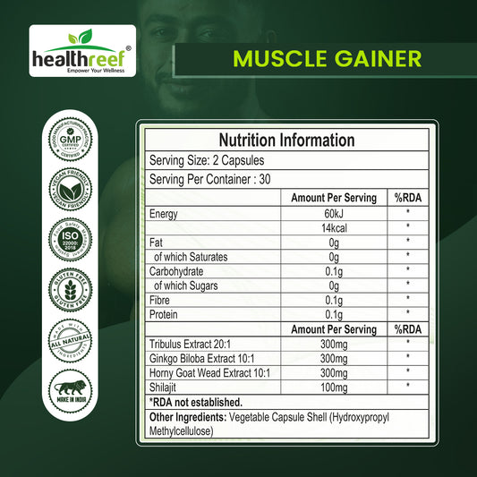 Healthreef Plant-Based Muscle Gainer Supplement Tribulus, Ginkgo Biloba & Horny Goat Weed for Strength, Stamina, Testosterone Boost & Workout Performance 60 Vegetarian Capsules
