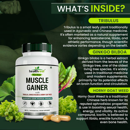 Healthreef Plant-Based Muscle Gainer Supplement Tribulus, Ginkgo Biloba & Horny Goat Weed for Strength, Stamina, Testosterone Boost & Workout Performance 60 Vegetarian Capsules