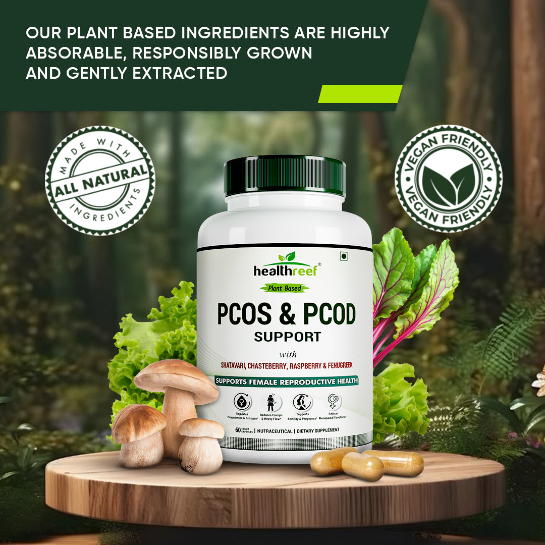 Healthreef Plant-Based PCOS & PCOD Hormonal Balance Supplement Shatavari, Chasteberry, Raspberry & Fenugreek for Menstrual Support, Fertility & Acne Relief - 60 Vegetarian Capsules