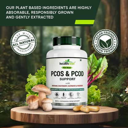 Healthreef Plant-Based PCOS & PCOD Hormonal Balance Supplement Shatavari, Chasteberry, Raspberry & Fenugreek for Menstrual Support, Fertility & Acne Relief - 60 Vegetarian Capsules