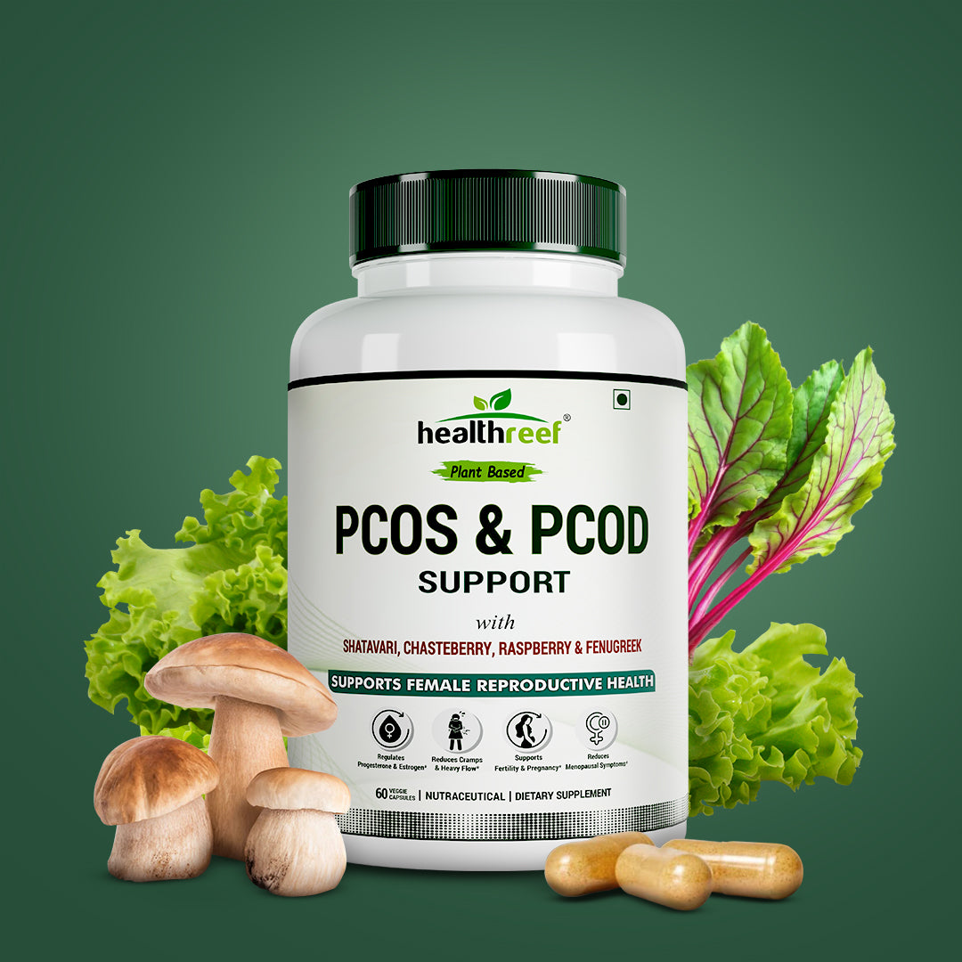Healthreef Plant-Based PCOS & PCOD Hormonal Balance Supplement Shatavari, Chasteberry, Raspberry & Fenugreek for Menstrual Support, Fertility & Acne Relief - 60 Vegetarian Capsules