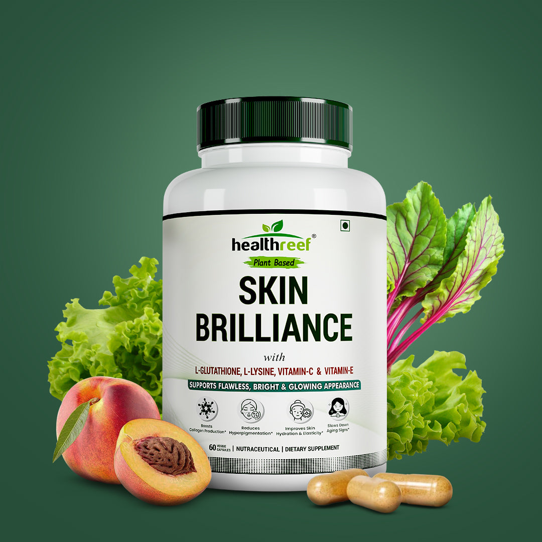 Healthreef Plant-Based Skin Brilliance Supplement L-Glutathione, L-Lysine, Vitamin C & E for Skin Brightening, Pigmentation Reduction & Anti-Aging - 60 Vegetarian Capsule