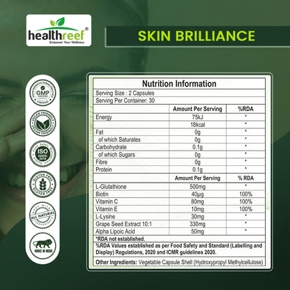 Healthreef Plant-Based Skin Brilliance Supplement L-Glutathione, L-Lysine, Vitamin C & E for Skin Brightening, Pigmentation Reduction & Anti-Aging - 60 Vegetarian Capsule