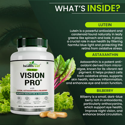 Healthreef Plant-Based Vision Pro+ Eye Care Supplement Lutein, Astaxanthin & Bilberry for Blue Light Protection, Macular Support & Night Vision - 60 Vegetarian Capsules