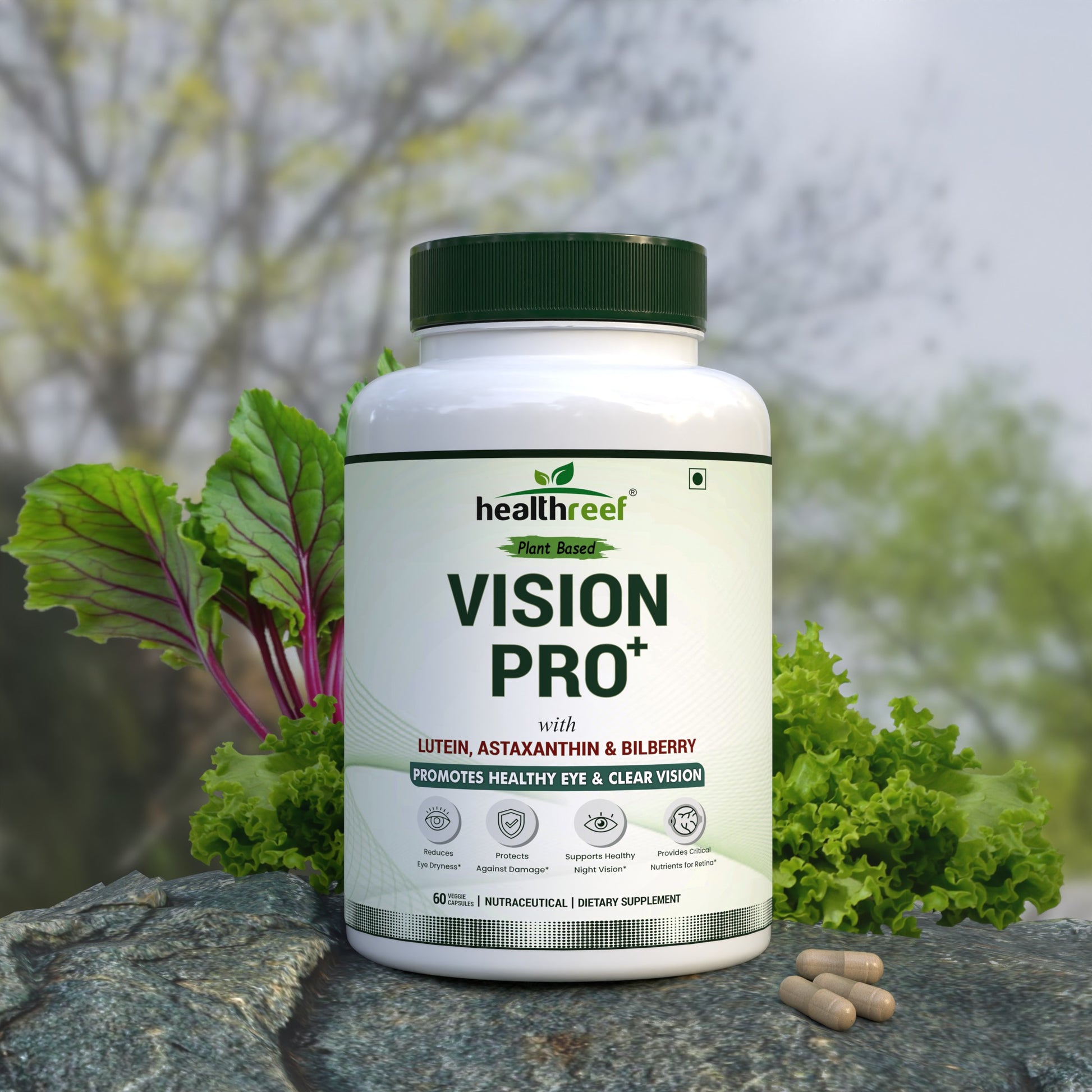 Healthreef Plant-Based Vision Pro+ Eye Care Supplement with Lutein, Astaxanthin & Bilberry for Night Vision & Blue Light Protection – 60 Veg Capsules - Healthreef