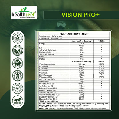 Healthreef Plant-Based Vision Pro+ Eye Care Supplement Lutein, Astaxanthin & Bilberry for Blue Light Protection, Macular Support & Night Vision - 60 Vegetarian Capsules