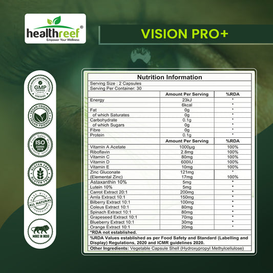Healthreef Plant-Based Vision Pro+ Eye Care Supplement Lutein, Astaxanthin & Bilberry for Blue Light Protection, Macular Support & Night Vision - 60 Vegetarian Capsules