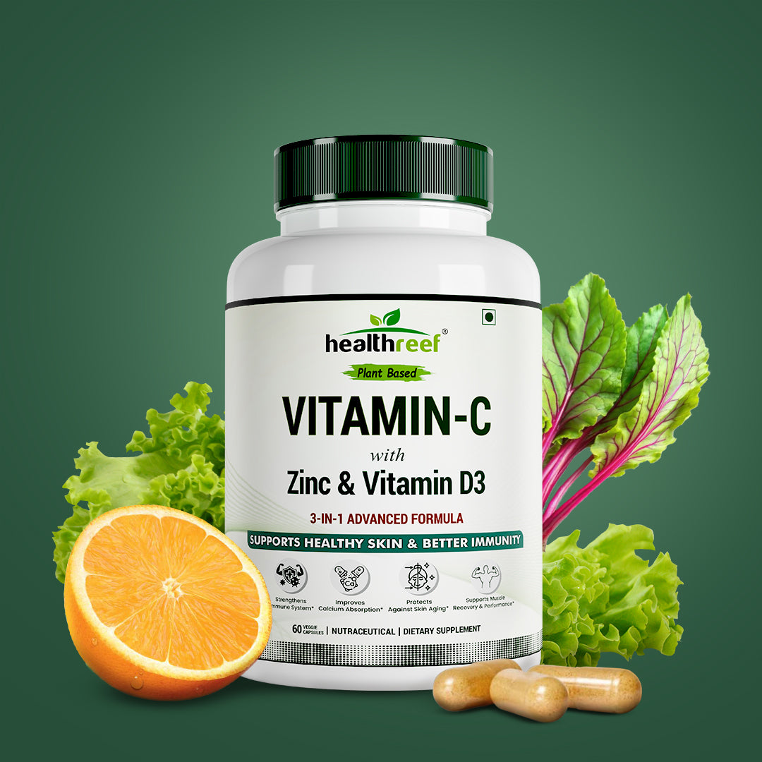 Healthreef Plant-Based Vitamin C with Zinc & D3 Supplement Immune Booster with High Absorption for Skin Health, Energy & Daily Wellness - 60 Vegetarian Capsules
