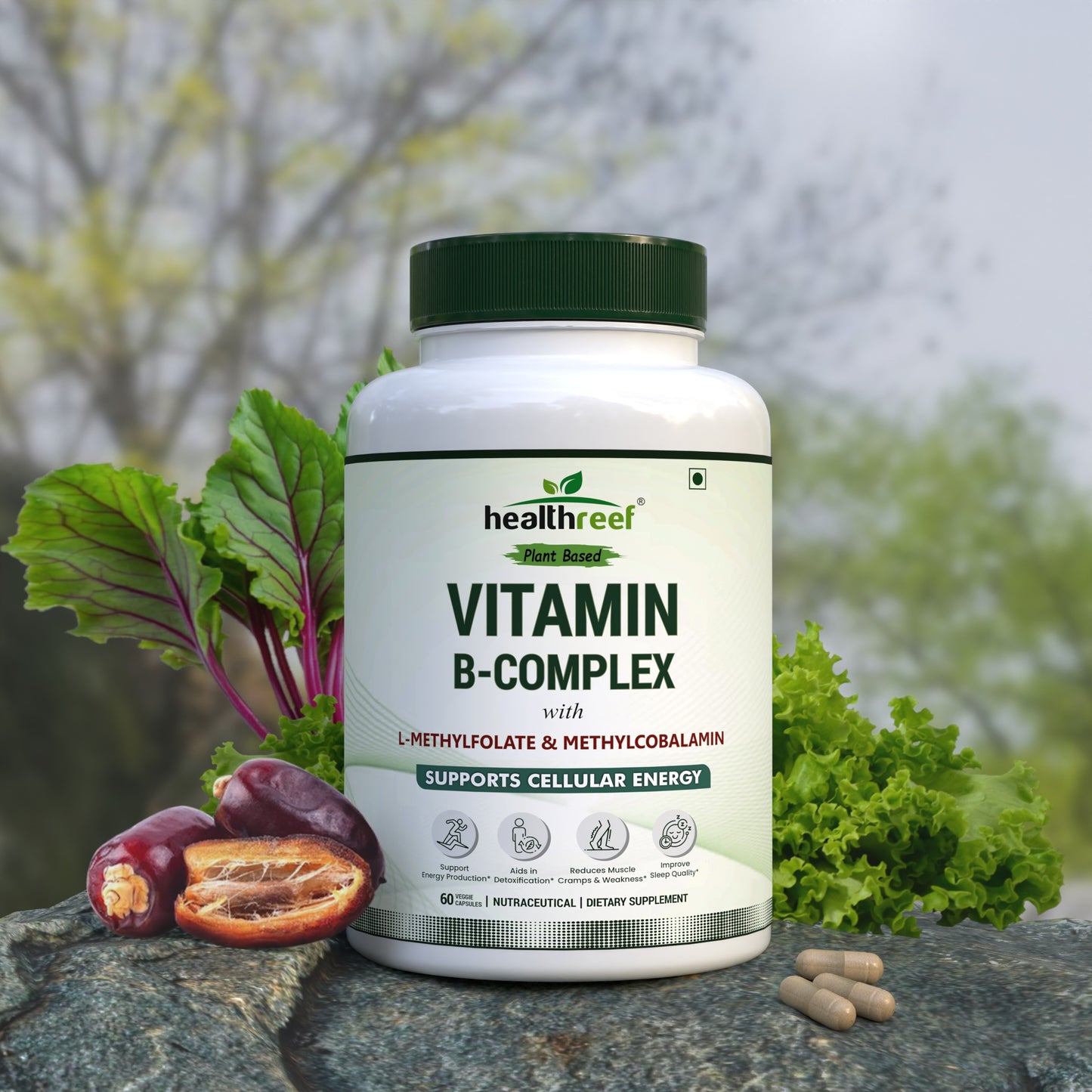 Healthreef Plant-Based B-Complex Supplement with Essential B Vitamins for Energy, Brain, Mood Balance & Nervous System Health – 60 Veg Capsules - Healthreef