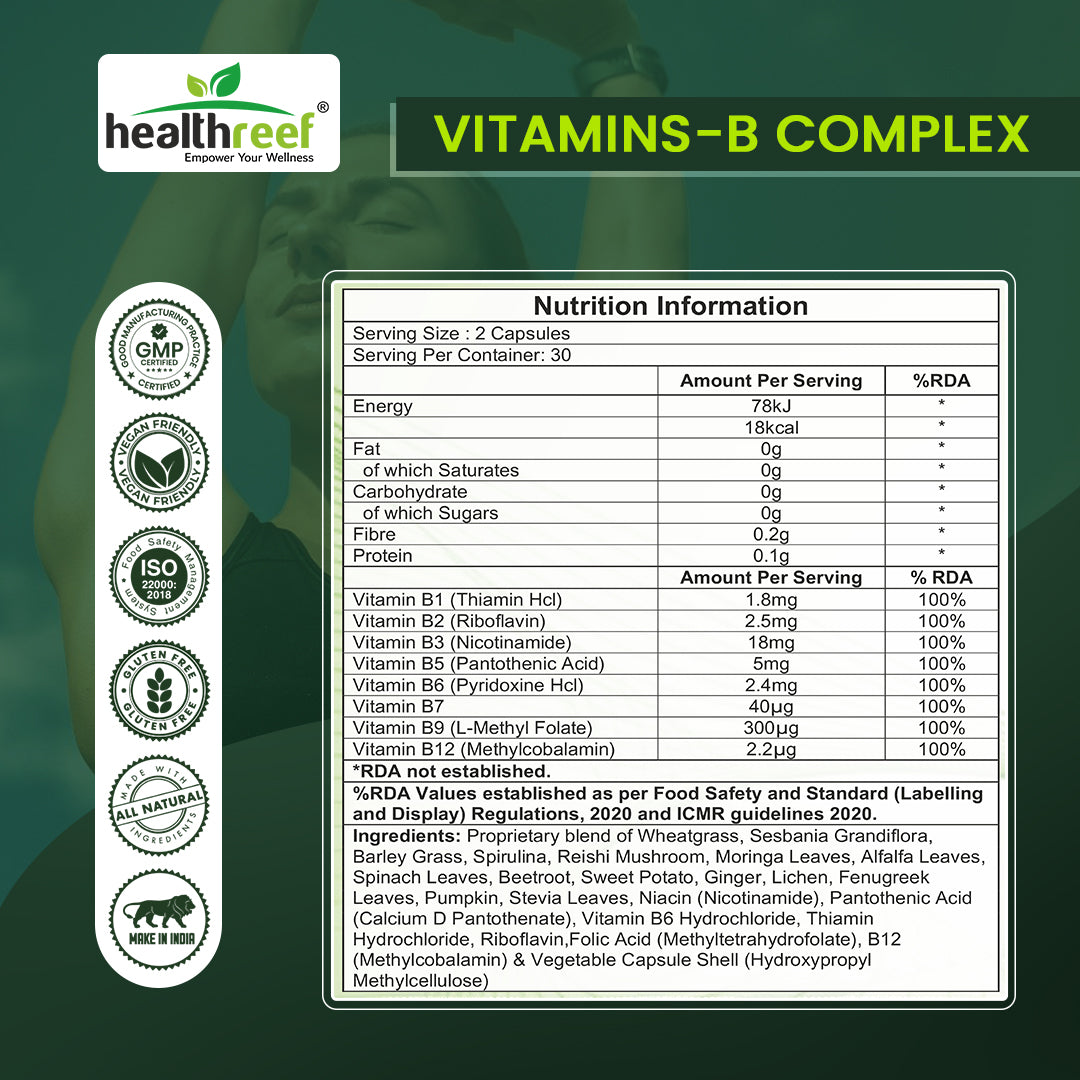 Healthreef Plant-Based Vitamin B-Complex Supplement for Energy Boost, Mood Balance & Nerve Health - 60 Vegetarian Capsules