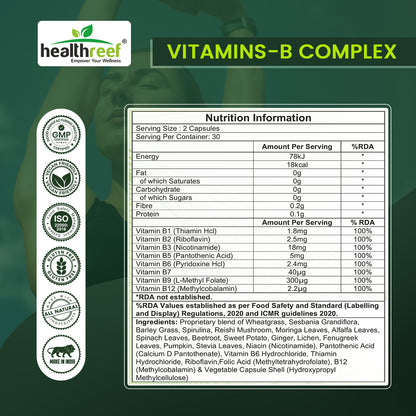 Healthreef Plant-Based Vitamin B-Complex Supplement for Energy Boost, Mood Balance & Nerve Health - 60 Vegetarian Capsules