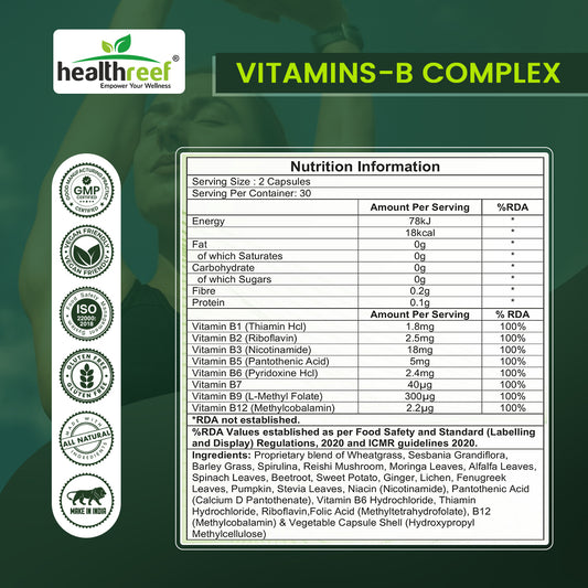 Healthreef Plant-Based Vitamin B-Complex Supplement for Energy Boost, Mood Balance & Nerve Health - 60 Vegetarian Capsules