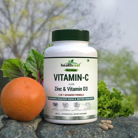 Healthreef Plant-Based Vitamin C with D3 & Zinc Plant-Based Supplement for Immunity, Skin Glow, Energy Boost & Everyday Wellness – 60 Veg Capsules - Healthreef