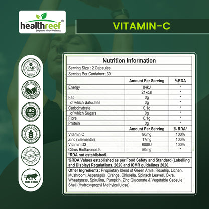 Healthreef Plant-Based Vitamin C with Zinc & D3 Supplement Immune Booster with High Absorption for Skin Health, Energy & Daily Wellness - 60 Vegetarian Capsules