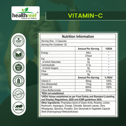 Healthreef Plant-Based Vitamin C with Zinc & D3 Supplement Immune Booster with High Absorption for Skin Health, Energy & Daily Wellness - 60 Vegetarian Capsules