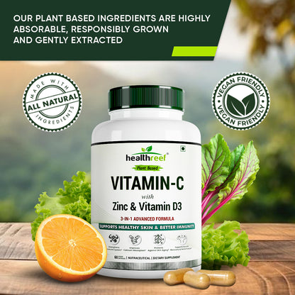 Healthreef Plant-Based Vitamin C with Zinc & D3 Supplement Immune Booster with High Absorption for Skin Health, Energy & Daily Wellness - 60 Vegetarian Capsules